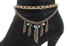 Women Gold Boot Chain Bracelet Western Shoe Charm Ethnic Country Jewelry Feather