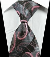 Hot Classic Paisleys Gray Black Pink JACQUARD WOVEN 100 Silk Men's Tie Necktie