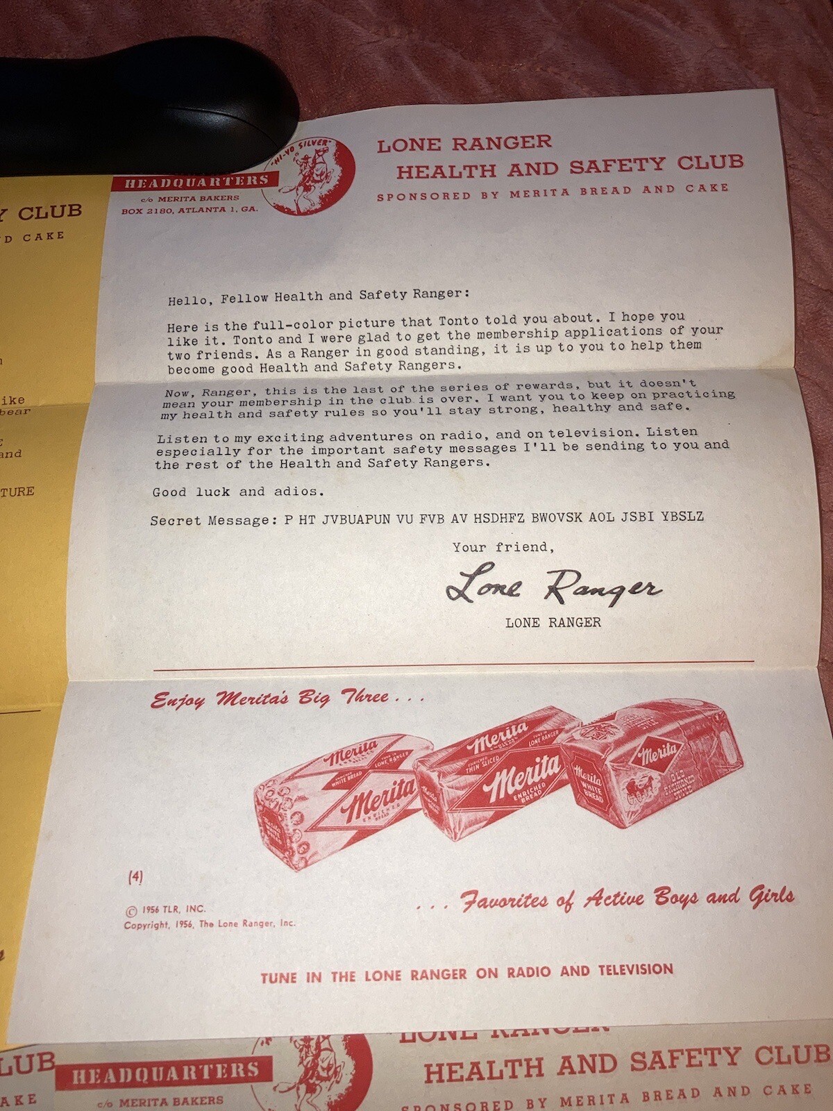 1956 Lone Ranger Merita Bread Letters Secret Code Card Club Rules ...