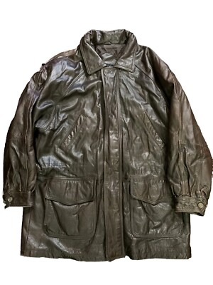Vtg Architecture Brown Leather Long Disco Mafia 70s Jacket Mens Sz XXL Lined
