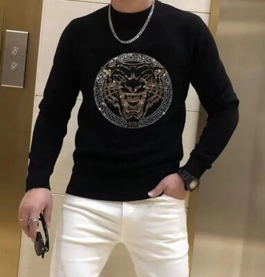 New Men Luxury Diamond Tiger Rhinestones Fashion Knitted Black Sweater