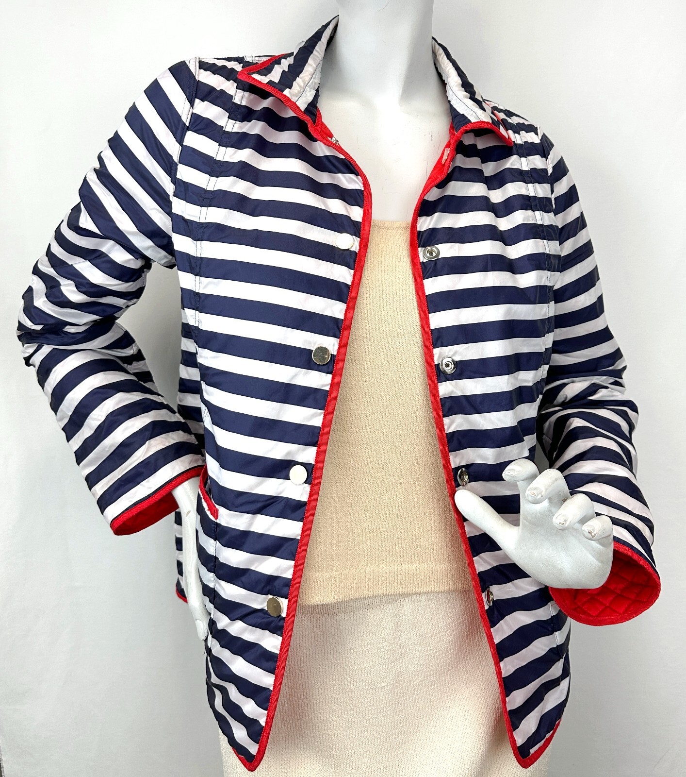 BLUE LES COPAINS Reversible Jacket 42 Navy White Striped Red Nylon Quilted RARE image 3