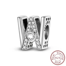 MULA 925 Sterling Silver DIY Charm Heart AAA CZ Letter W Bead For Women Bracelet
