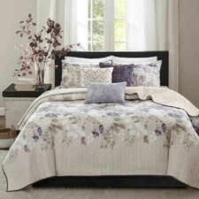 NEW!! ~ COZY COTTAGE PURPLE LILAC LAVENDER IVORY WHITE WATERCOLOR LEAF QUILT SET