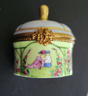 LIMOGES France Gazebo Trinket Box Lovers and Roses Signed J.P.R Retired
