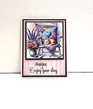 Card Kit "Relax" Cat in rocking chair   Total 4 cards and envelopes