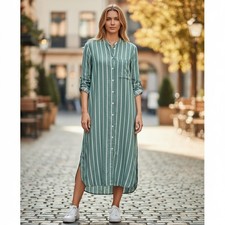 A New Day Green Striped Midi Shirt Dress Womens Size Medium Button Front Slit