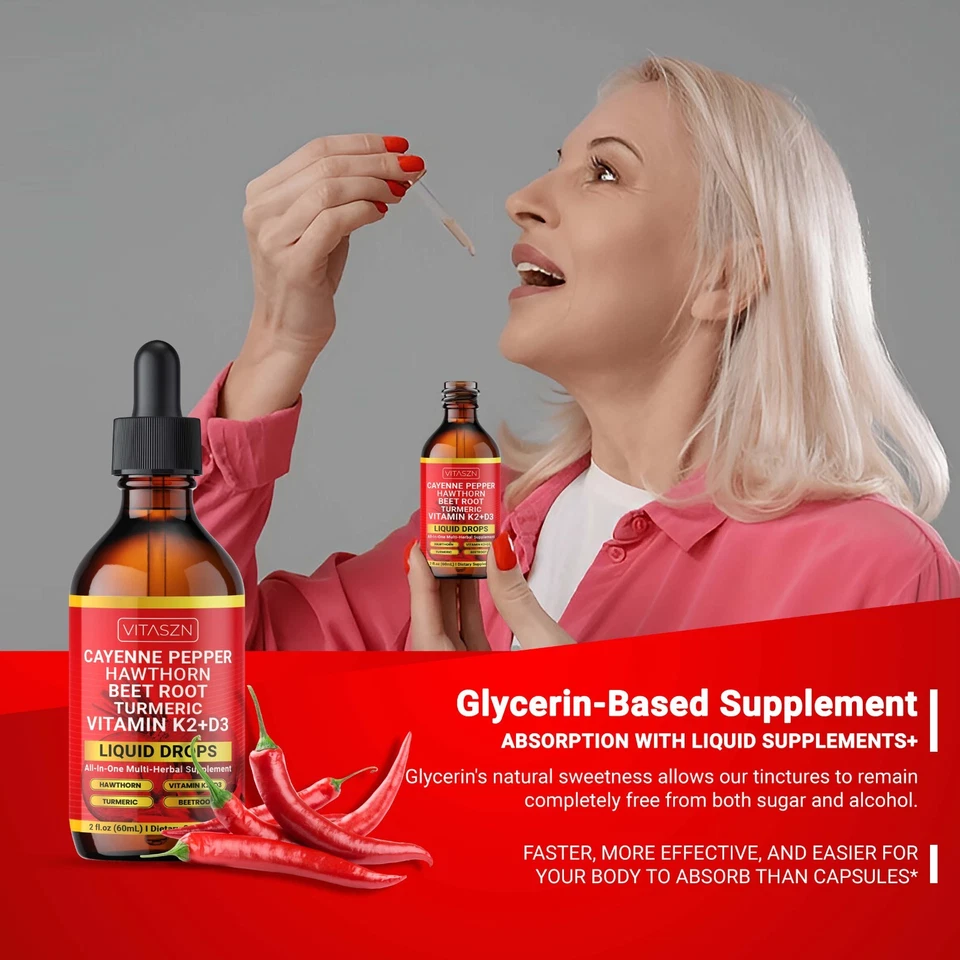 Suplemento líquido de pimienta de cayena con baya de espino, vitamina D3 + K2, raíz de remolacha Foto 3 de 4