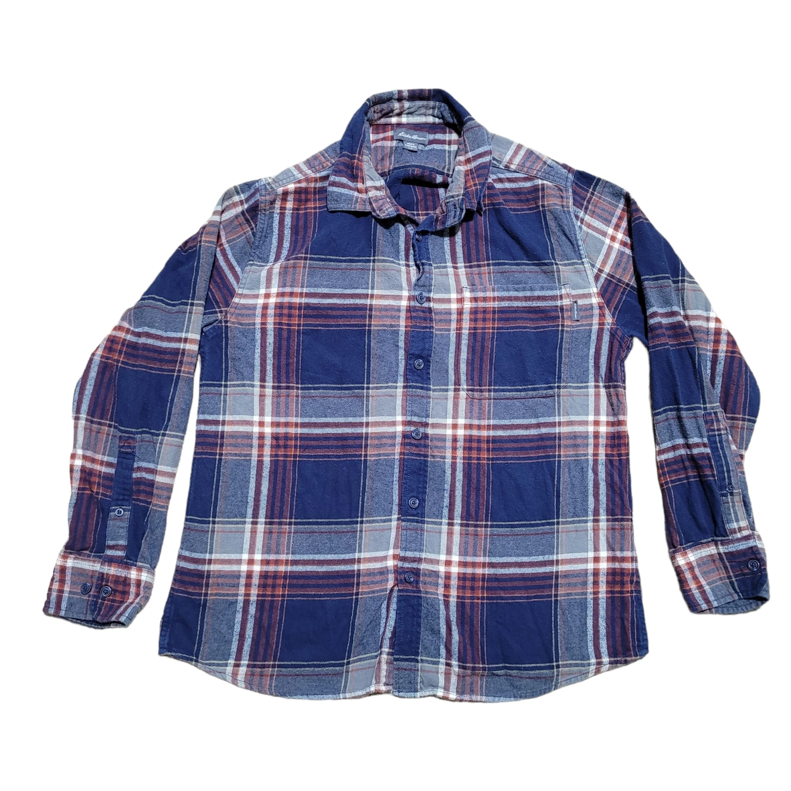 Eddie Bauer Button Up Flannel Shirt Men L Navy Blue Orange Plaid Cotton Top
Opens in a new window or