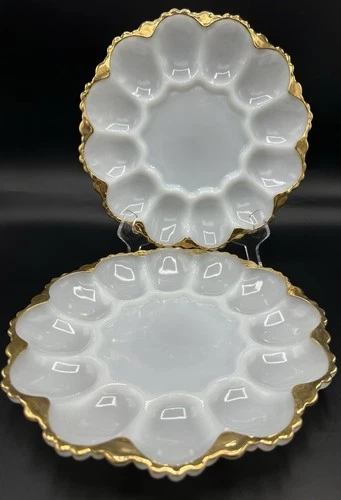 Set of 2 Vintage Milk Glass Deviled Egg Plates Gold Trim 12 Slot Scalloped