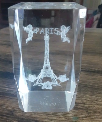 Crystal Glass 3D Laser Etched Solid Cube Paris, Eiffel Tower, And Cherubs
