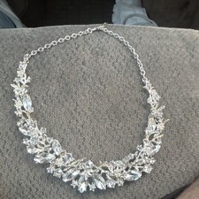 Silver Tone Clear Crystal Rhinestone Statement Necklace Leaf Floral Adjustable