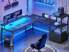 51" L-Shaped Gaming Desk with Storage Shelves, LED Lighting  Built-In Power Out