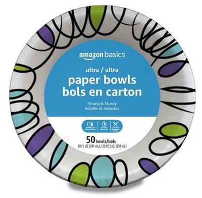 Amazon Basics Ultra Paper Bowls, 20 Oz, Disposable, 50 Count, 50 White