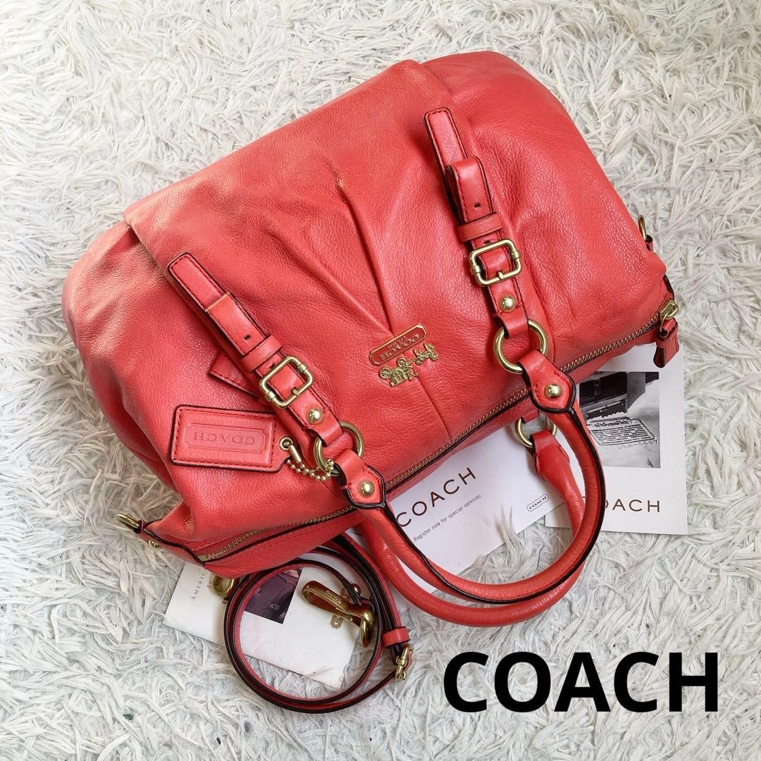 COACH Tote bag Red Leather 2way Shoulder bag Zip Old Vintage From Japan