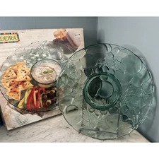 Indiana Glass Chip Dip Tray Madeira Green Raised Fruit Pattern 13” Platter Box