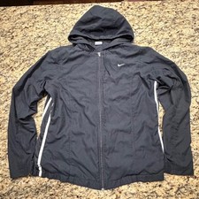 Vintage Nike Womens Hooded Windbreaker Jacket Black Full Zip Jersey Lined Size L