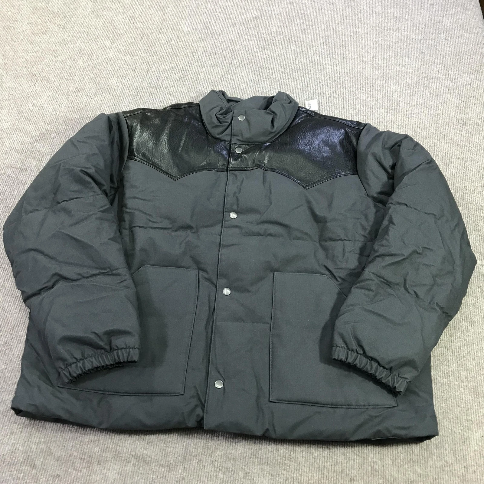 Old Navy Jacket Mens 2XL Gray Puffer Faux Leather Yoke Snap Front Warm Insulated