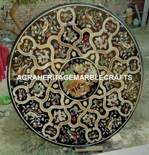 Round Black Marble Coffee Table Countertop Handmade Work Mosaic Stone Furniture