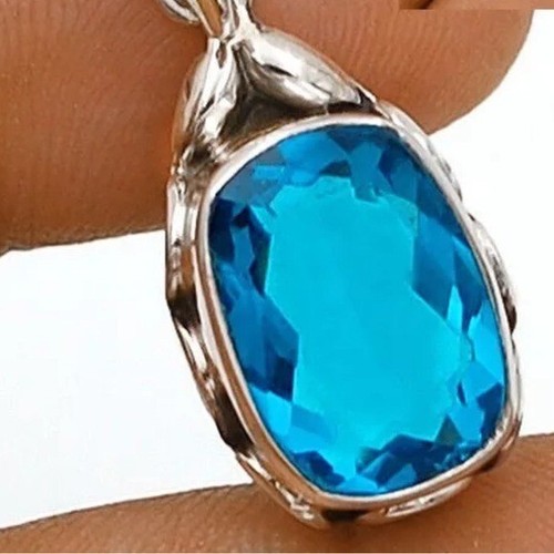 NEW 4 Carat Natural Blue Topaz Pendant & Chain 925 Sterling Silver 18" + 3" ext. - Picture 3 of 9