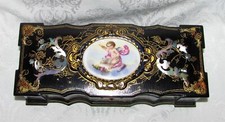 Antique Paper Mache Jewelry Box MOP Inlay Hand Painted Porcelain 19th Century