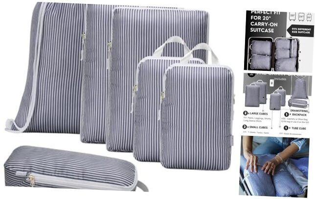 Compression Packing Cubes for Carry On Luggage - 6 Piece Set Grey Stripe-image