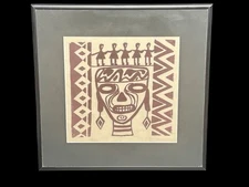 Linocut silk-screened print 'Bali Faces' by Sylvia Muggli Emmons Original signed