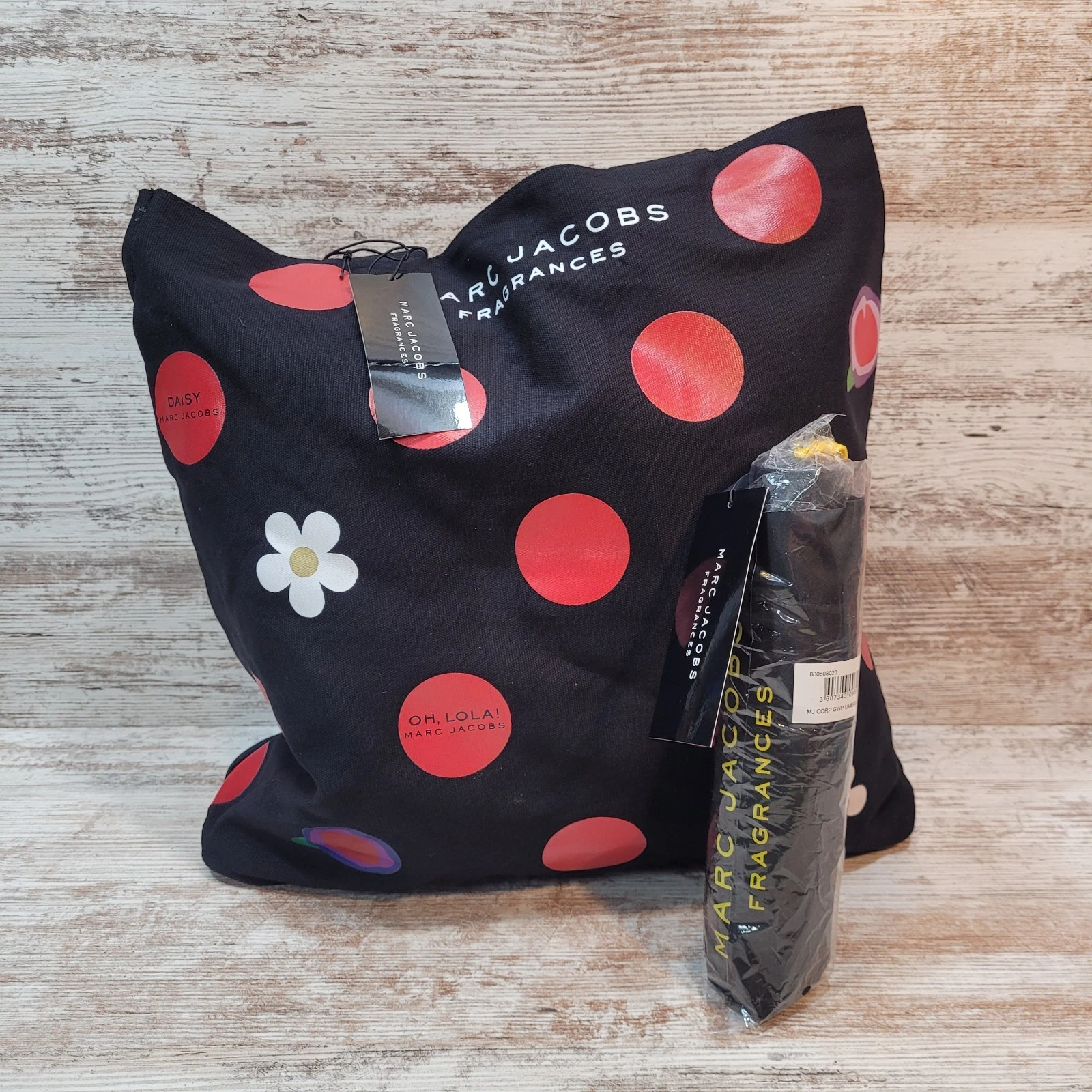 Marc Jacobs Fragrances Flower Daisy Polka-Dot Fabric Tote Bag ~ Umbrella Bundle
