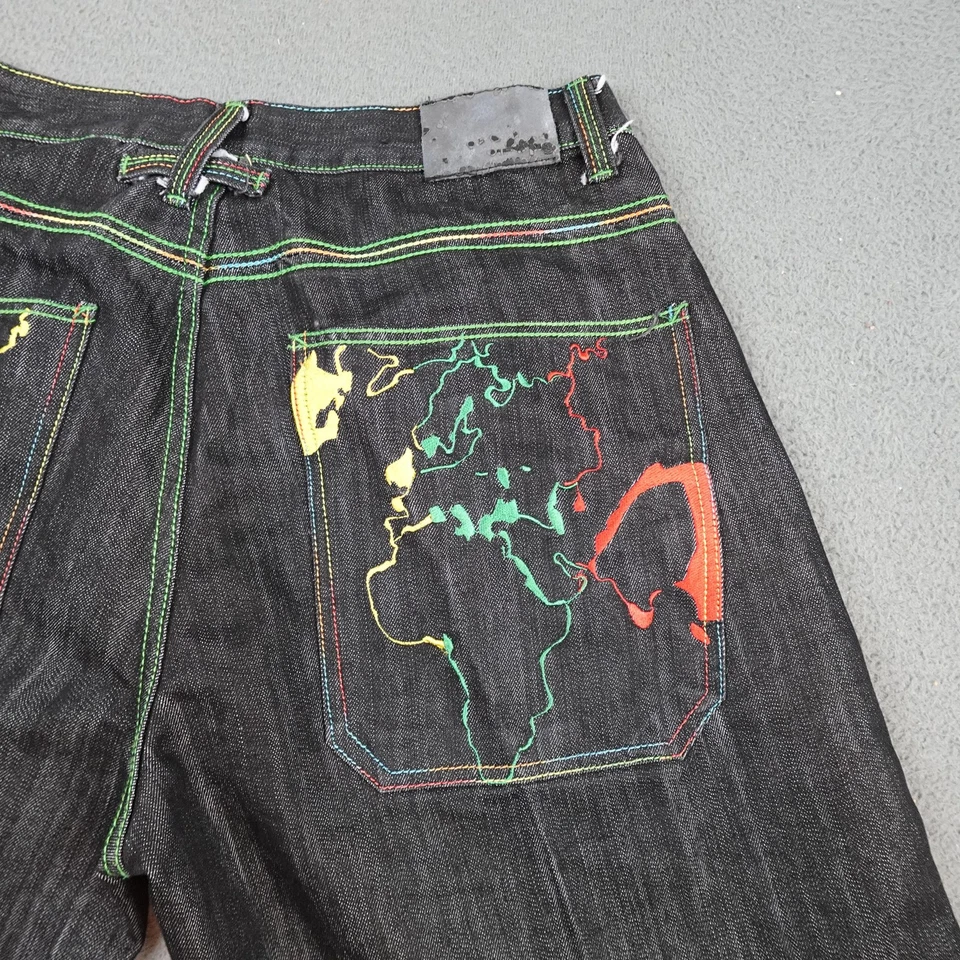 Pantalones Cortos Regal Jeans Para Hombre 38 Negros Denim Mapa del Mundo Bolsillos Costuras Rasta Foto 4 de 4