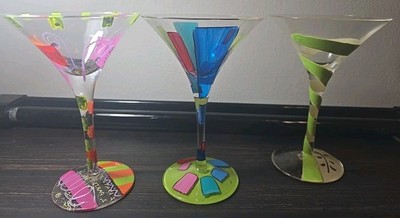 3 Funky Lolita Handpainted Abstract Martini Glasses Recipes- Apple,Retro, Cosmo