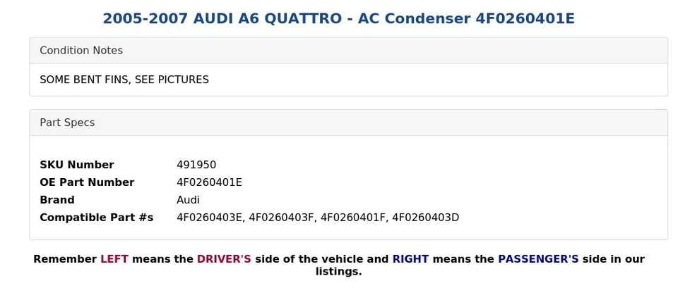 2005-2007 AUDI A6 QUATTRO - AC Condenser 4F0260401E - Image 3 of 4