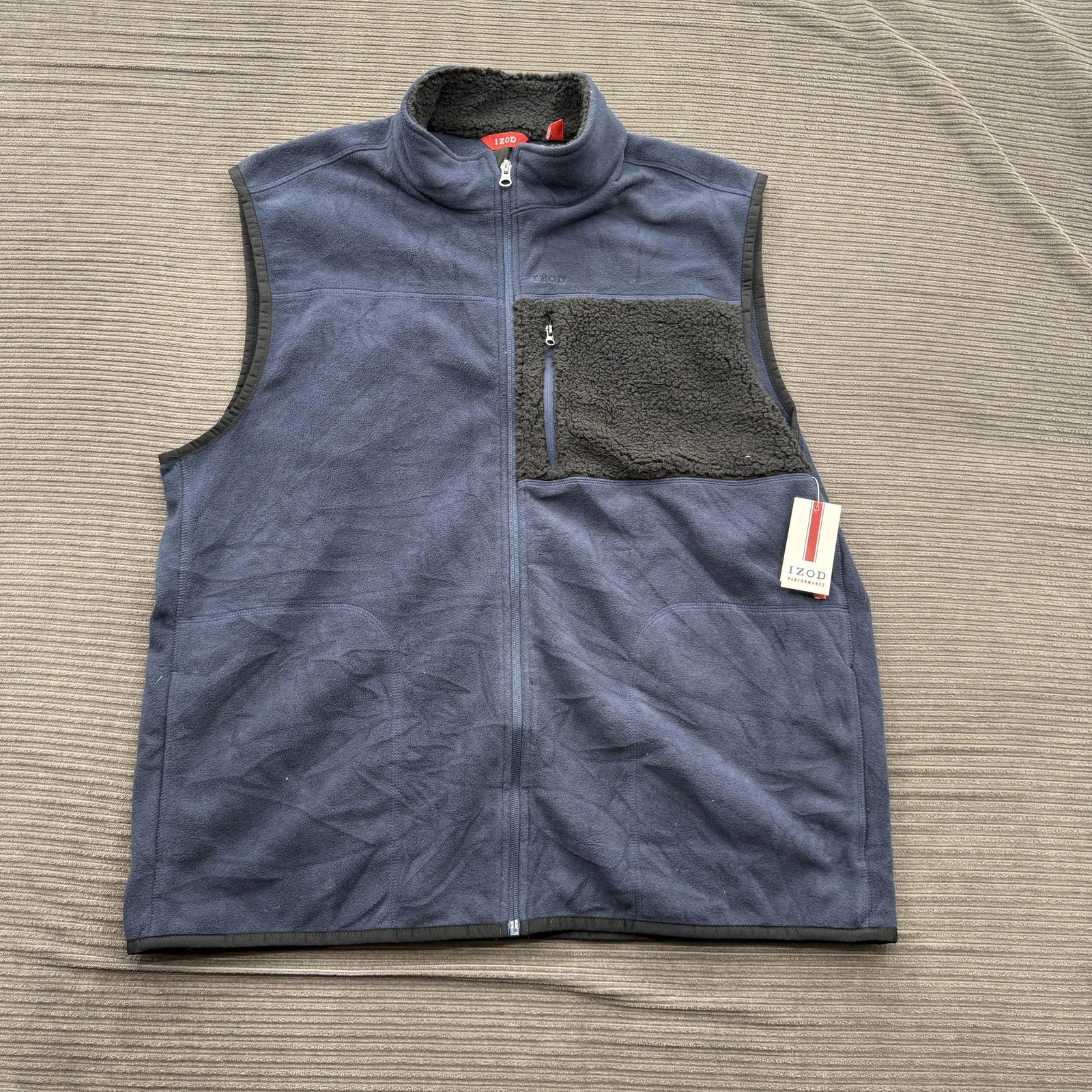 IZOD Polar Fleece Vest Mens XL Midnight Blue Performance Zip Pocket Sherpa Trim
