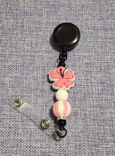 Handmade Beaded Pink Hibiscus Retractable Badge Reel