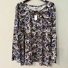 CJ Banks-Women’s Plus Olive Purple Blue Floral Pattern-Long Sleeve-Size 3X-NWT
