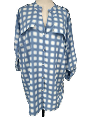 NWT Calvin Klein Women's Blouse Roll Tab Sleeve Pocket Blue White Size 2X Tunic