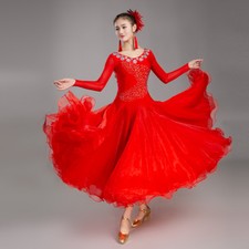 NEW Latin Ballroom Dance Dress Modern Salsa Waltz Standard Long Dress C043 Red