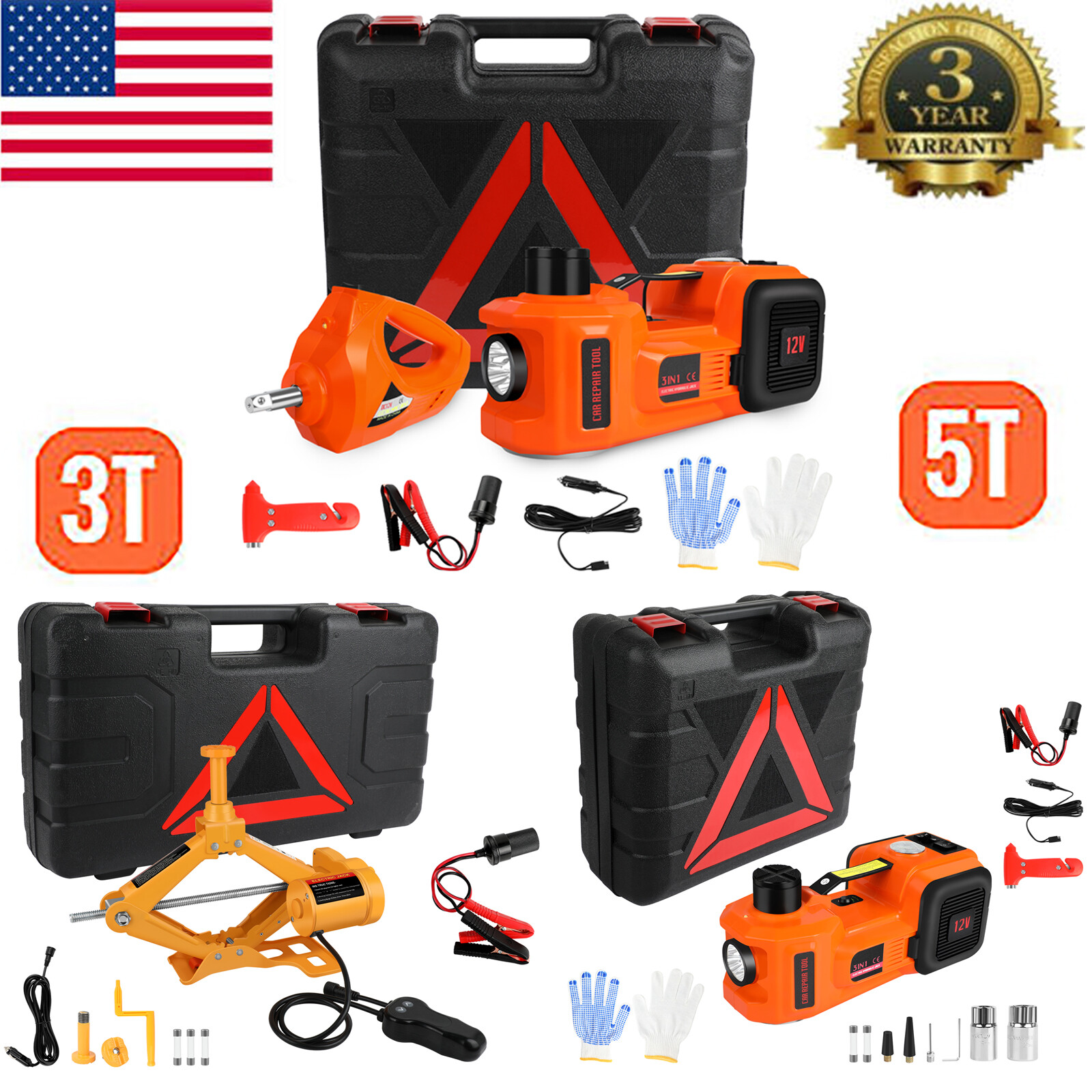 Car Jack 12V 3/5 Ton Electric Hydraulic Floor Lift Jack Tire Inflator