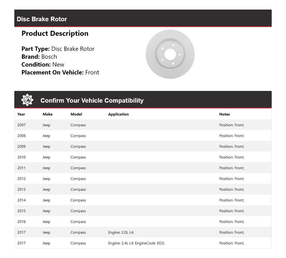 Para 2007-2017 Jeep Compass Bosch QuietCast rotor de freio a disco dianteiro 2008 2009 2010 - Imagem 2 de 4