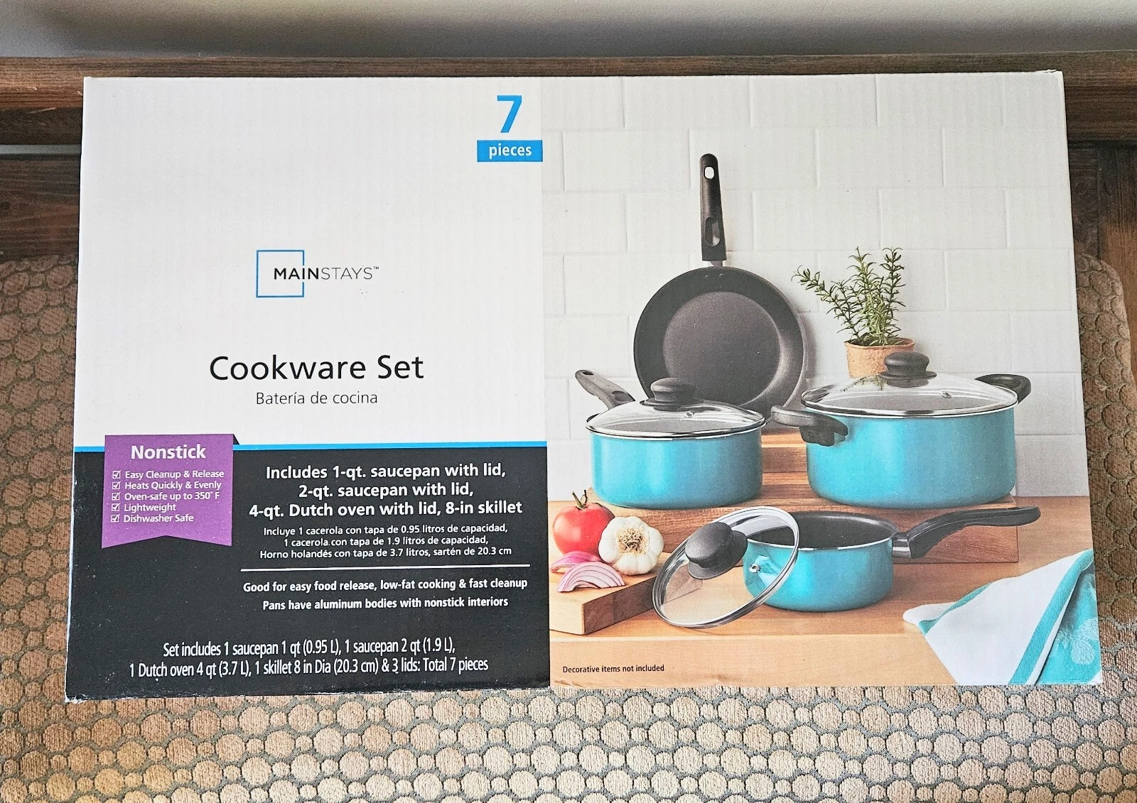 Mainstays 7 Piece Non-Stick Cookware Set, Teal, New, Great starter set