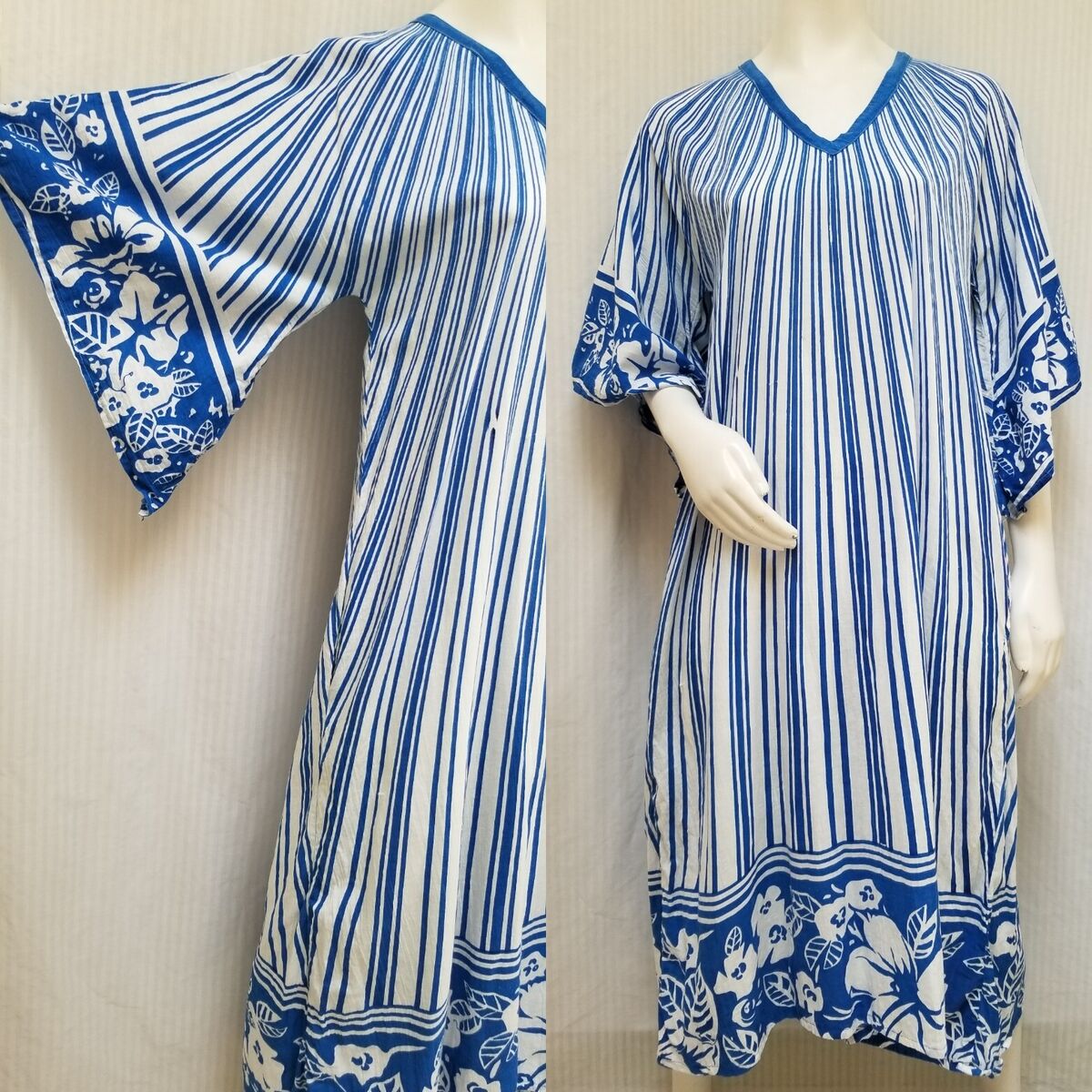 Vintage 70s KAISER Angel Wing Blue Block Print Cotton Indian