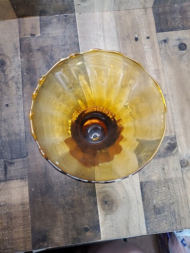 Art Glass Vase Amber Vintage Blown Pedestal Flower Ribbed Optic Italy Empoli 9.5 - Picture 6 of 7