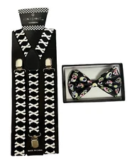 Halloween Novelty Day of the Dead Bow Tie And Suspender Matching Set Tuxedo 
