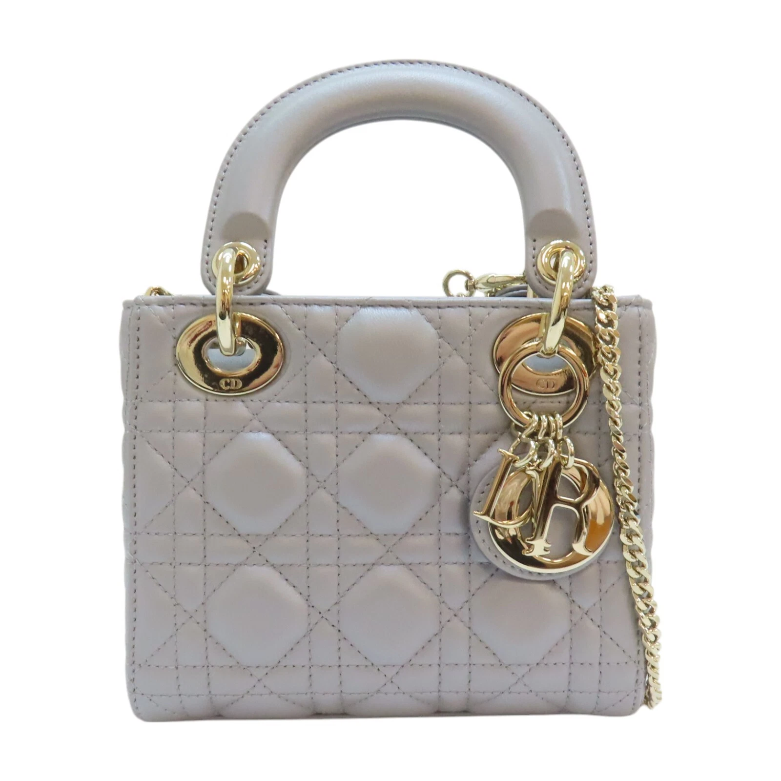 Sac à main bandoulière DIOR Cannage Mini Lady Dior peau d'agneau gris nacré