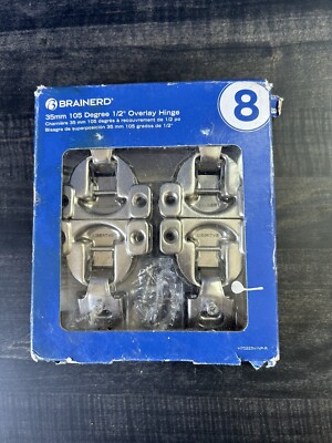 Brainerd 35mm 105 Degree 1/2'' Overlay Hinge 8 Pack w Screws. Unused. Open Box.