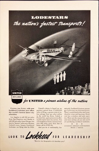 Pubblicità stampa d'epoca 1940 Lockheed Aircraft Lodestars United Air Lines
