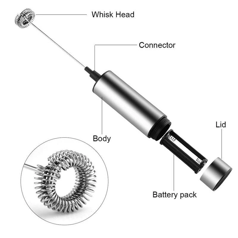 Milk Frother Handheld Electric Portable Mixer, Battery Powered Stainless Steel