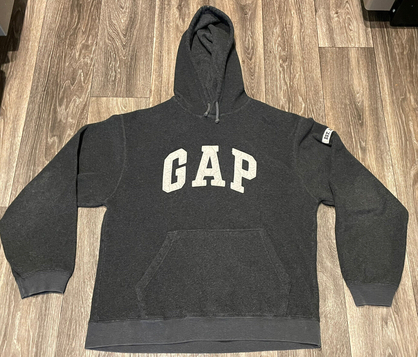 Vintage 90s GAP Hoodie Gray White Embroidered Spell Out Made in Korea Sz  Medium