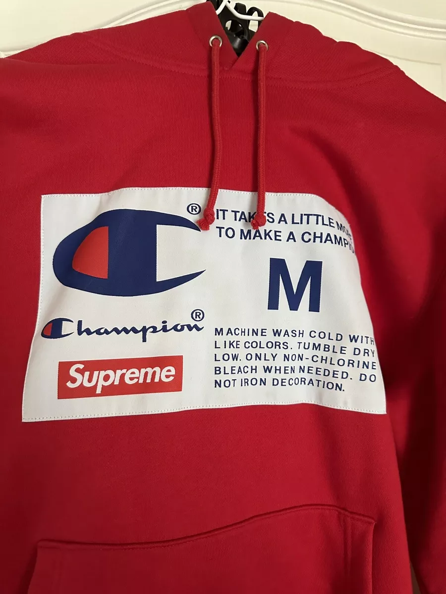 SUPREME x Champion Label Hooded Sweatshirt RED Men's Medium F/W18 box logo.