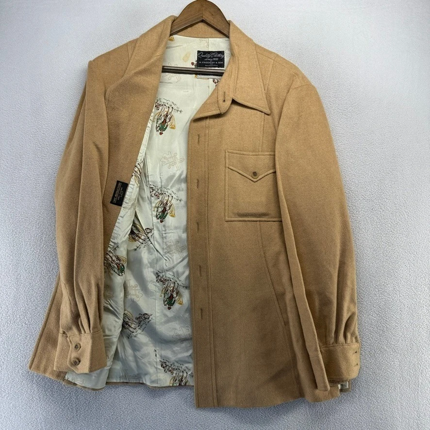Vintage Hickey Freeman Jacket Men's 44 Large Brown Shirt Camel Hair Lined 70s - product detail image 1