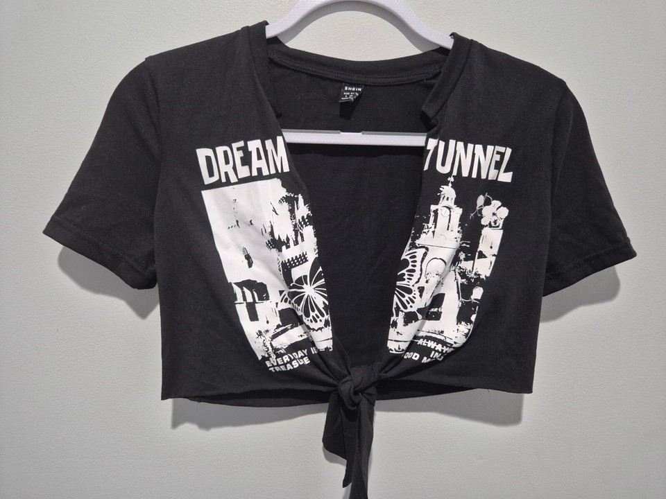 SHEIN Black Crop Tie-Front Graphic T-Shirt Size S